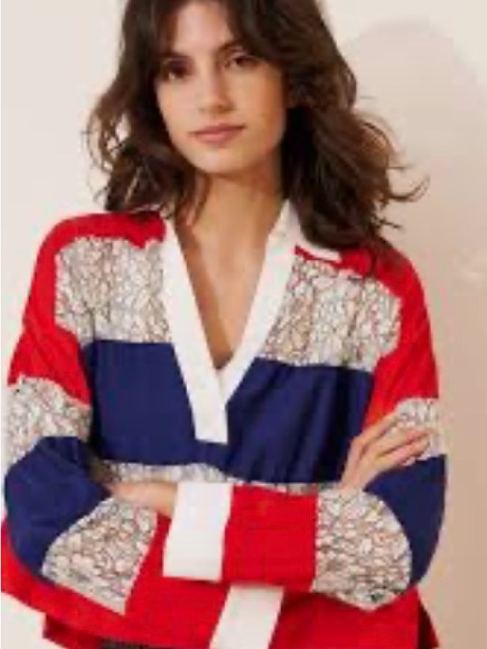 Mauve Red-Lined Lace Top with Navy Trim